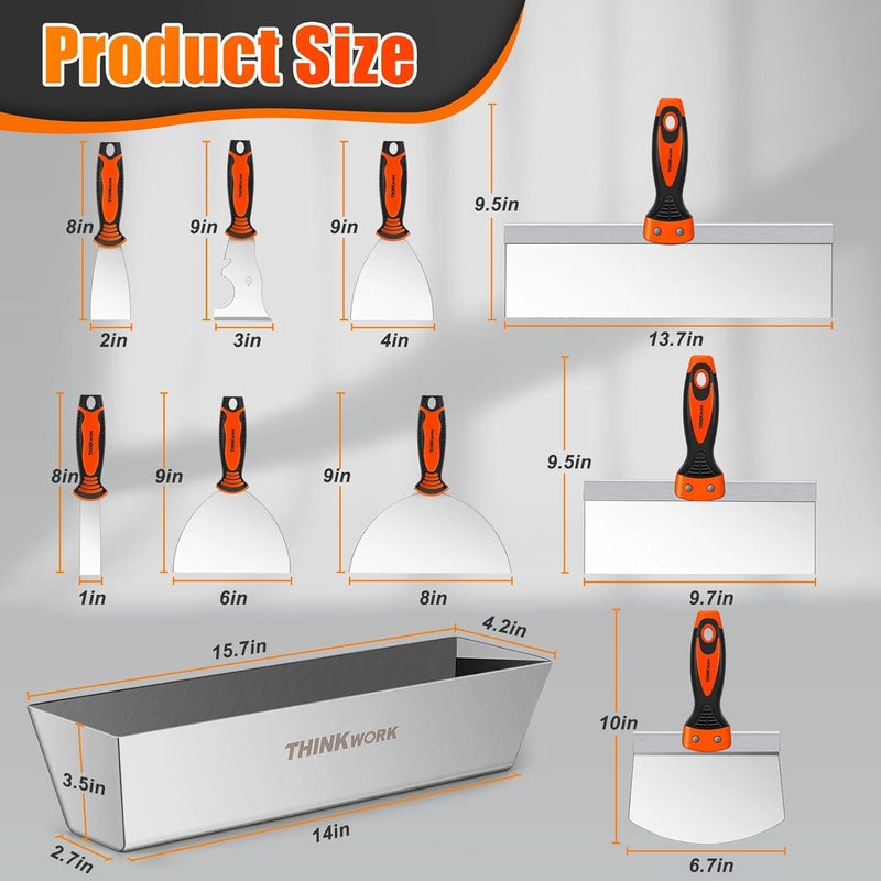 THINKWORK Drywall Knife Set, 10Pcs Drywall Tools Include Stainless Steel Putty Knife Set, Taping Knives, Painter Scraper, 14" Mud Pan and Scoop, Spackle Tool Kit for Joint Taping, Finishing, Patching - Image 2